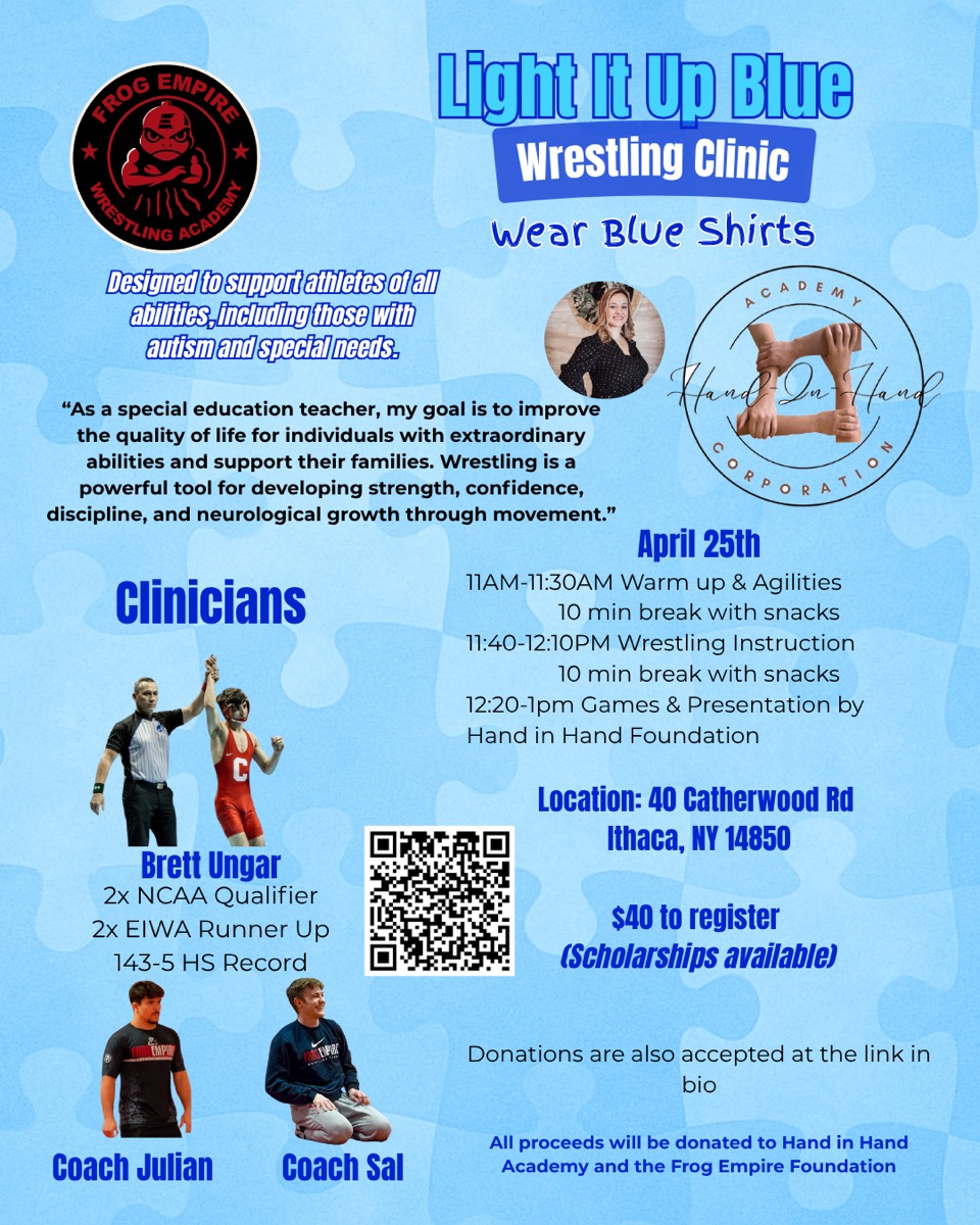 Athletes at the autism-inclusive Light It Up Blue wrestling clinic in Ithaca, NY