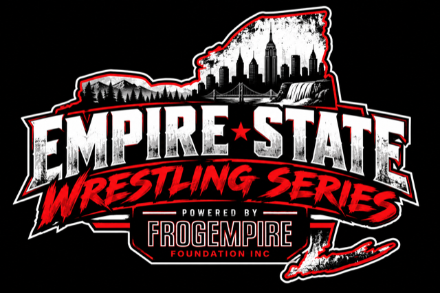 Empire State Wrestling Series — the series wordmark over the New York state outline, powered by Frog Empire Foundation Inc